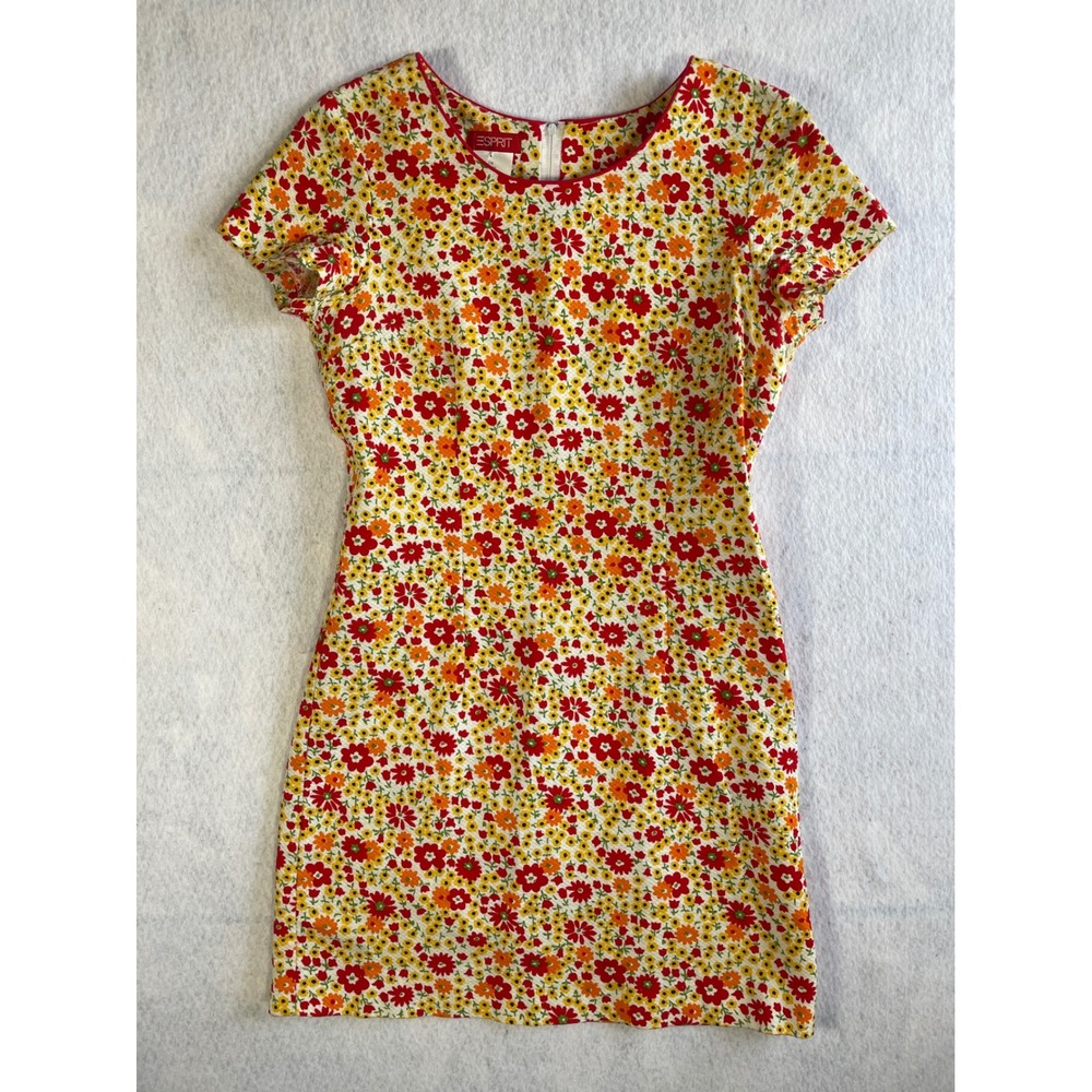 Vintage Esprit Floral Mini Dress 7/8 Red Orange Yellow Cotton 90s Made in USA